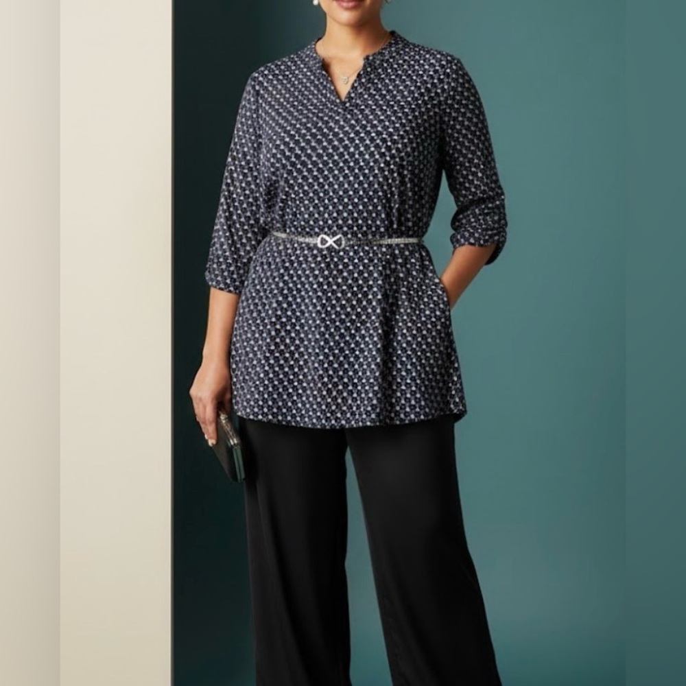 BLOUSE Honeyme, Blue and Soft Pink Mandarin Collar Tunic top